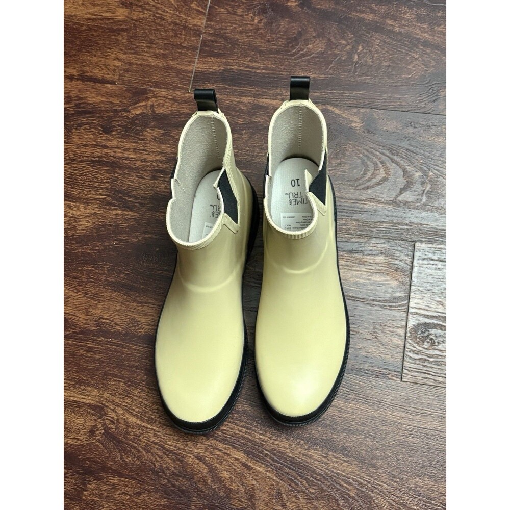 Time and Tru Womens Ankle Rain Boots Beige Black Chelsea Rubber Booties Size 10